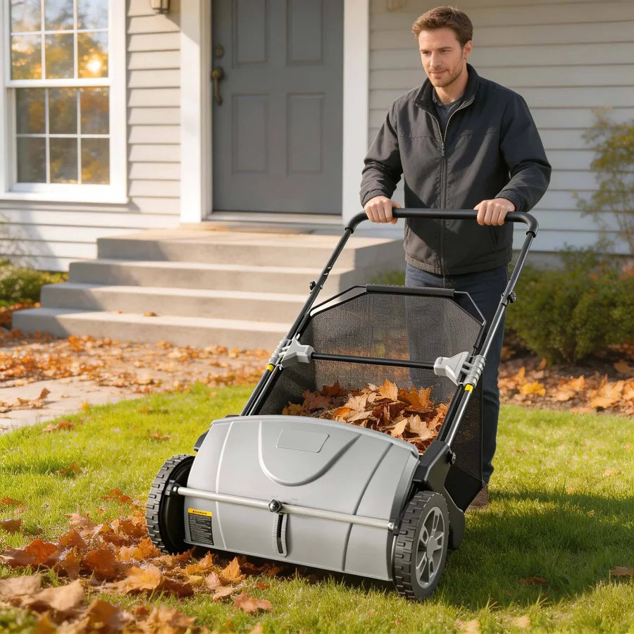 Push Lawn Sweeper Hopper 4-Brush Leaf Collector Picker