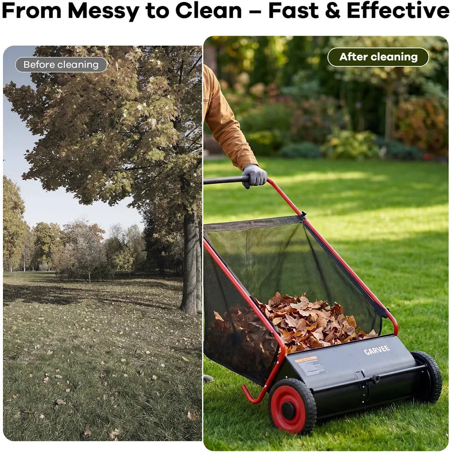 Push Lawn Sweeper, 26 in Leaf & Grass Collector with 7 cu. ft. Hopper Bag, Heavy Duty Yard Sweeper with Clear Dust Cover & Large Collection Bag for