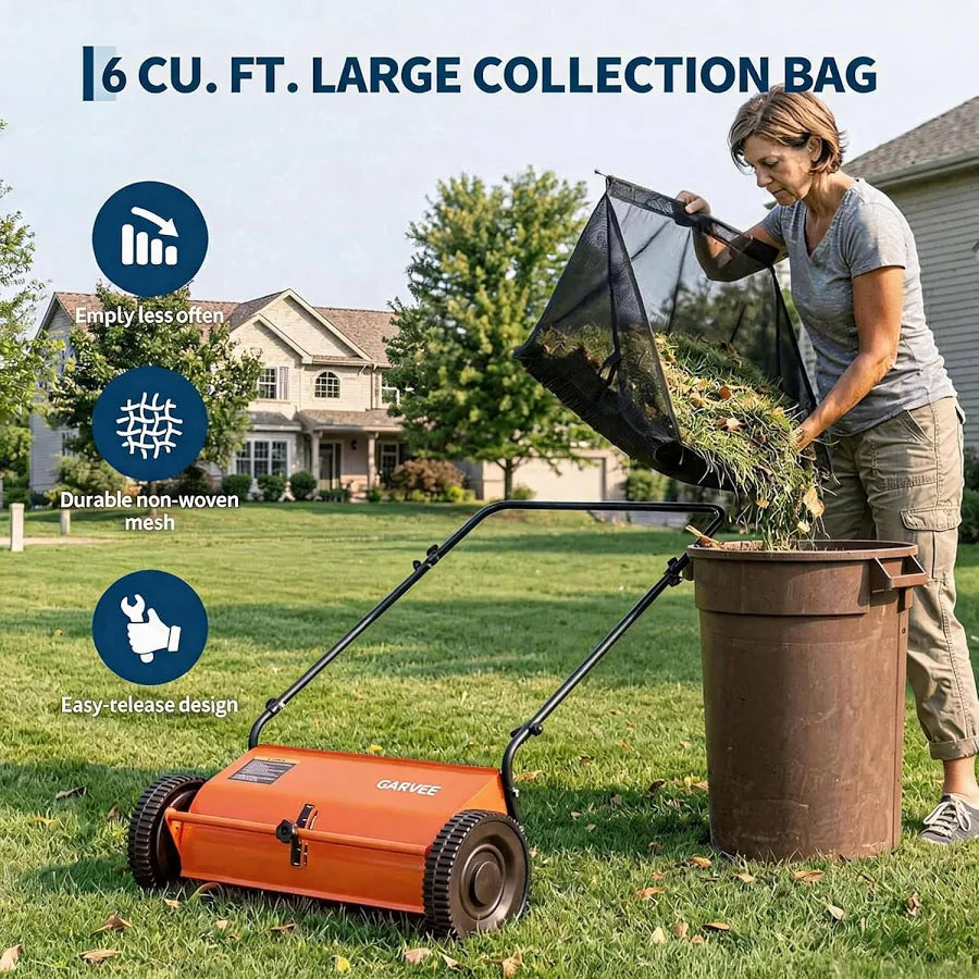 Push Lawn Sweeper 21-Inch Leaf & Grass Collector with 6 Cu. Ft. Hopper Bag, Steel Frame