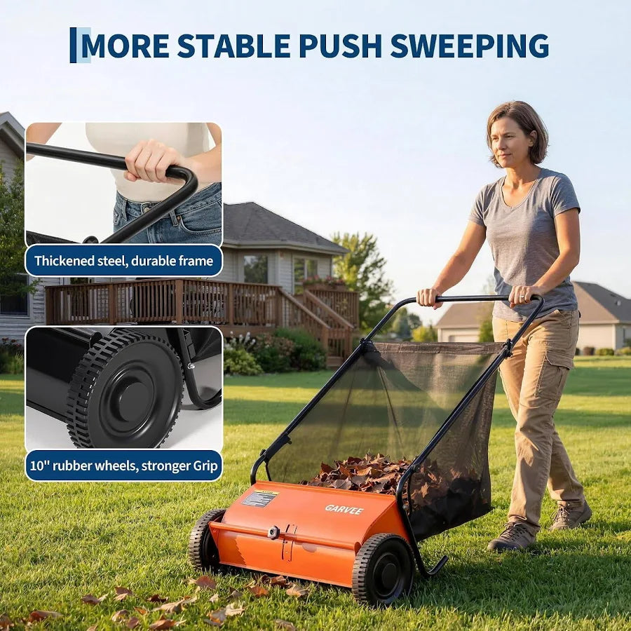 Push Lawn Sweeper 21-Inch Leaf & Grass Collector with 6 Cu. Ft. Hopper Bag, Steel Frame