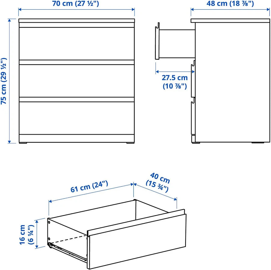 3-Drawer Dresser Chest of Drawers with Anchor and Unlock Safety Function