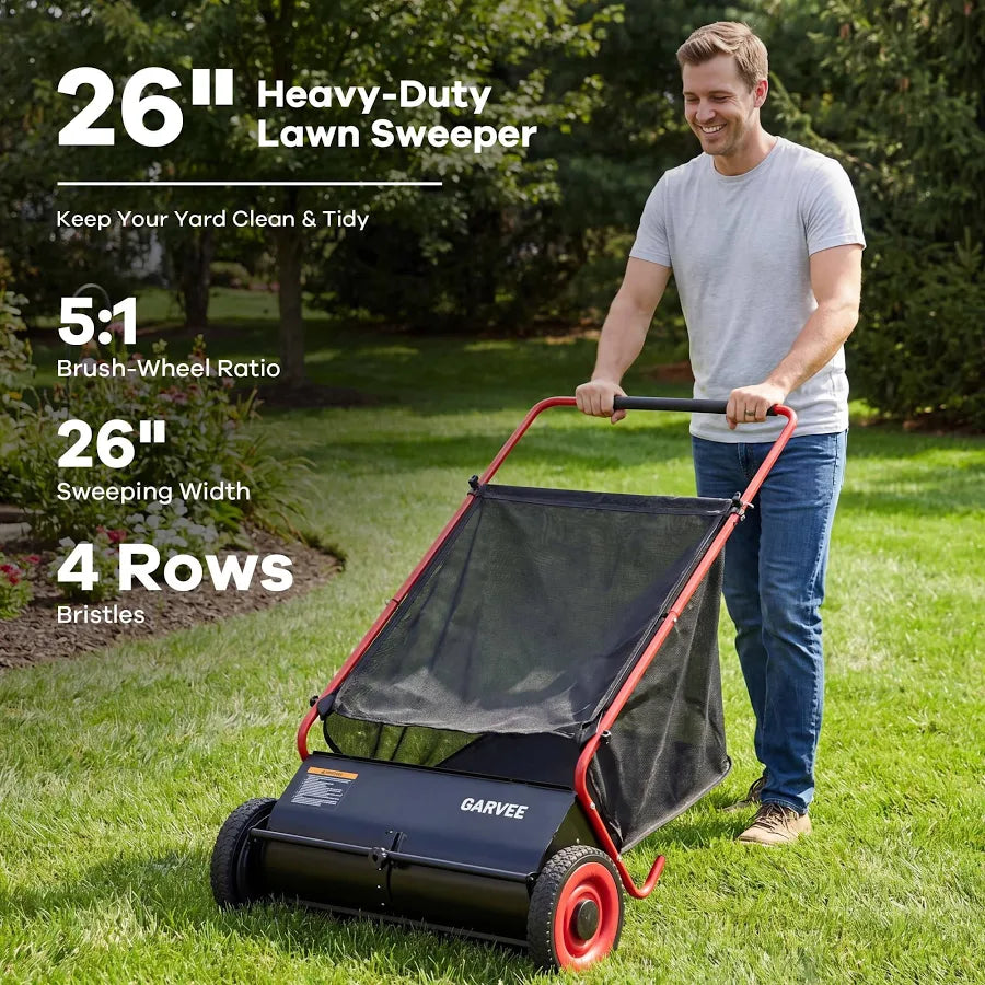 Push Lawn Sweeper, 26 in Leaf & Grass Collector with 7 cu. ft. Hopper Bag, Heavy Duty Yard Sweeper with Clear Dust Cover & Large Collection Bag for