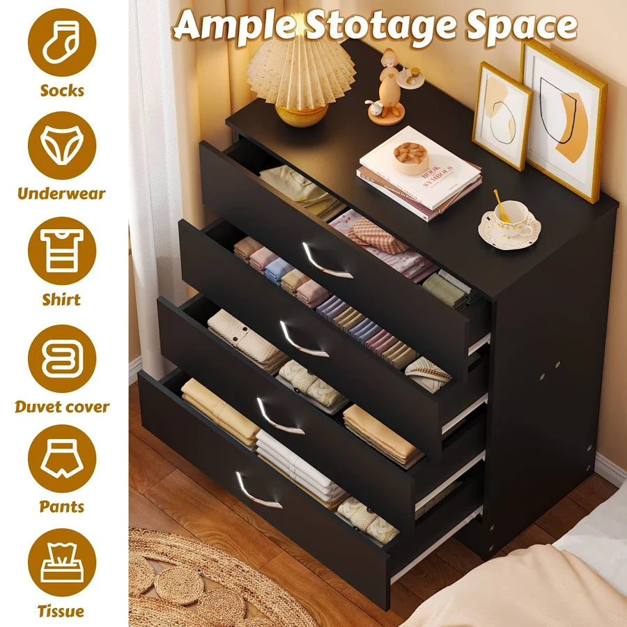 4 Drawer Dresser with LED Lights and Charging Station Wide Chest of 4 Drawers with Visible Top Drawer