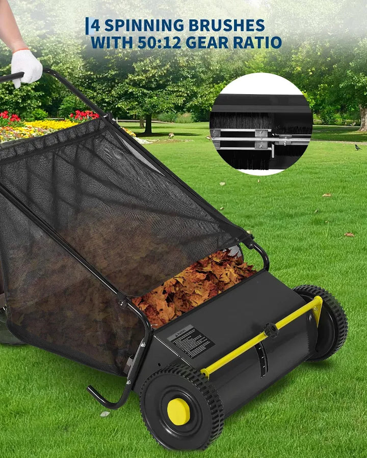 26 Inch Push Lawn Sweeper, 7 Cu.ft Large Capacity Leaf Collector with 4 Spinning Brushes, Adjustable Height Heavy Duty Steel Frame Lawn Sweeper with