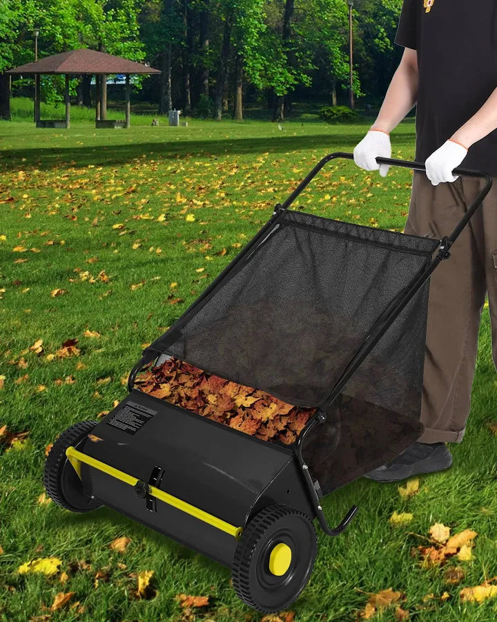 26 Inch Push Lawn Sweeper, 7 Cu.ft Large Capacity Leaf Collector with 4 Spinning Brushes, Adjustable Height Heavy Duty Steel Frame Lawn Sweeper with