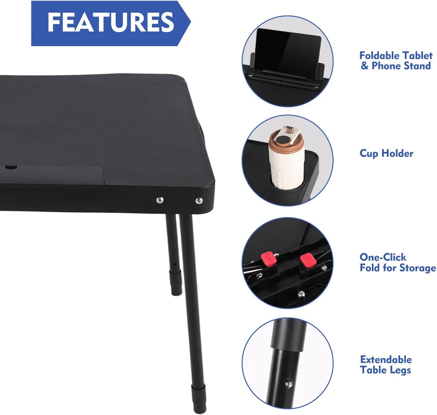 (2 pack) 26 in Adjustable Height Personal Folding Table with Cupholder and Tablet Holder, Black