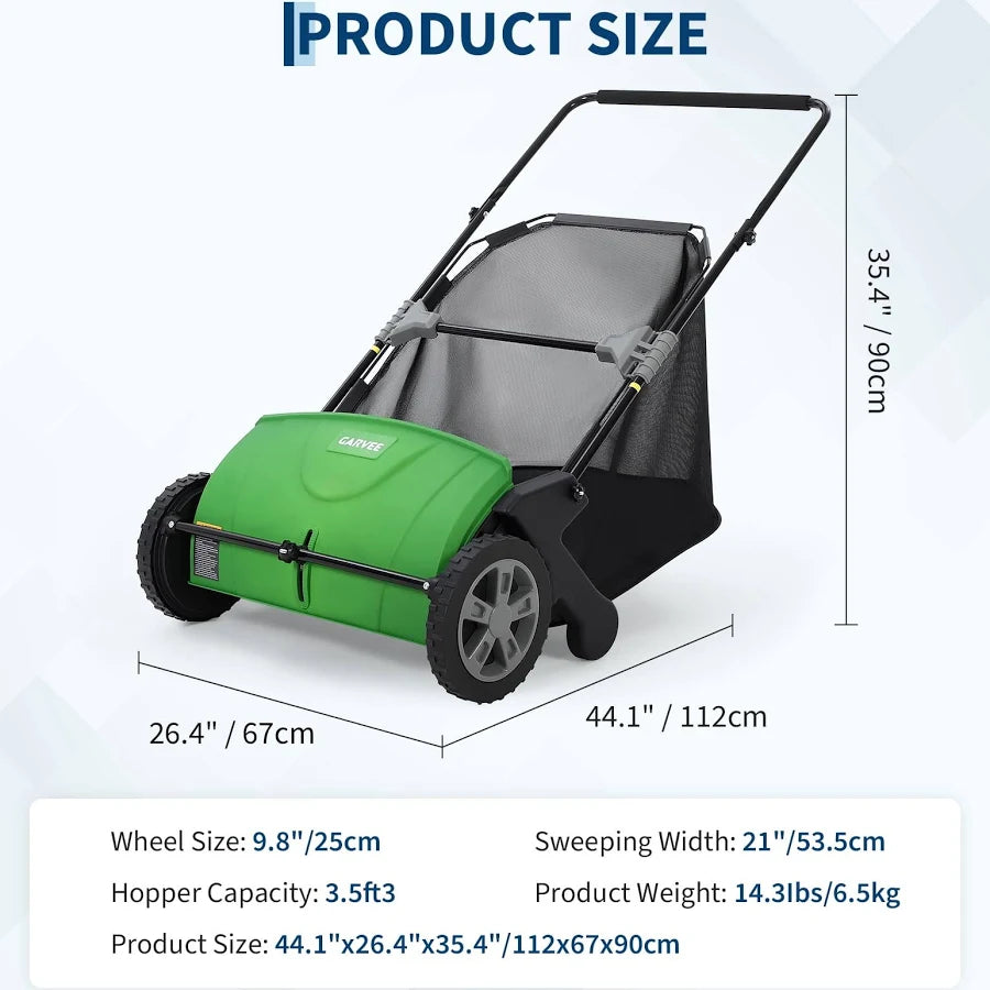 Push Lawn Sweeper, 21inch Leaf & Grass Collector, Heavy Duty Thickened Steel Durable Manual Leaf Sweeper to Use with Large Capacity 3.5 Cu. ft. Mesh