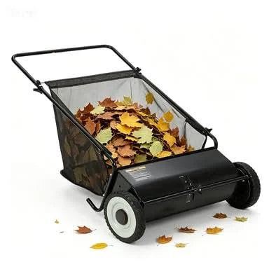 26 Inch Heavy Duty Push Lawn Sweeper with 7 Cu ft Capacity Steel Frame | 4 Fast Spinning Brushes, Adjustable Height, Rubber Wheels, Collect Leaves