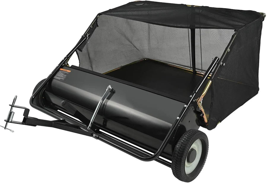 44-inch Outdoor Tow Behind Lawn Sweeper, Large Capacity Leaf & Grass Collector with Adjustable Sweeping Height and Dumping Rope Design for Picking Up