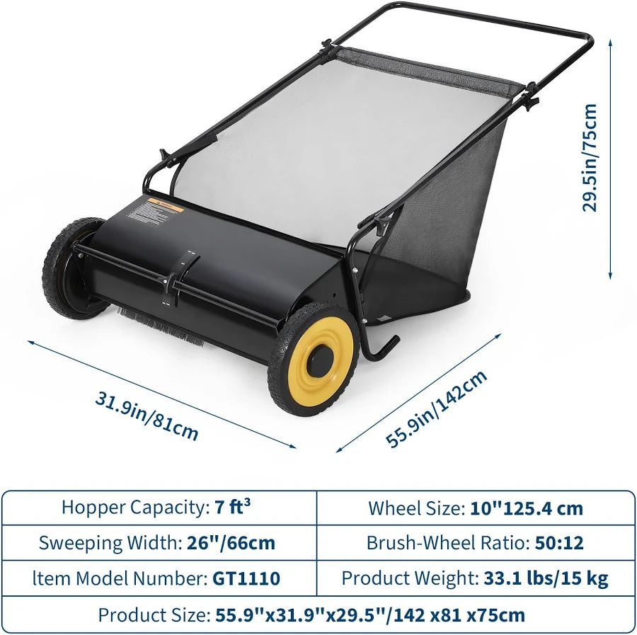 26-Inch Push Lawn Sweeper-Walk Behind for Leaves Collector and Grass Clippings