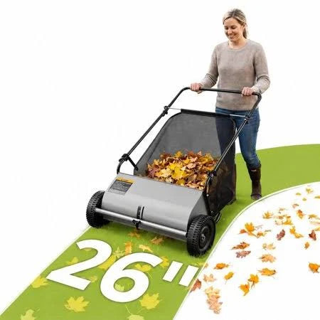 26 Inch Push Lawn Sweeper 7 Cu. Ft. Leaf Collector with 4 Spinning Brushes & Adjustable Height