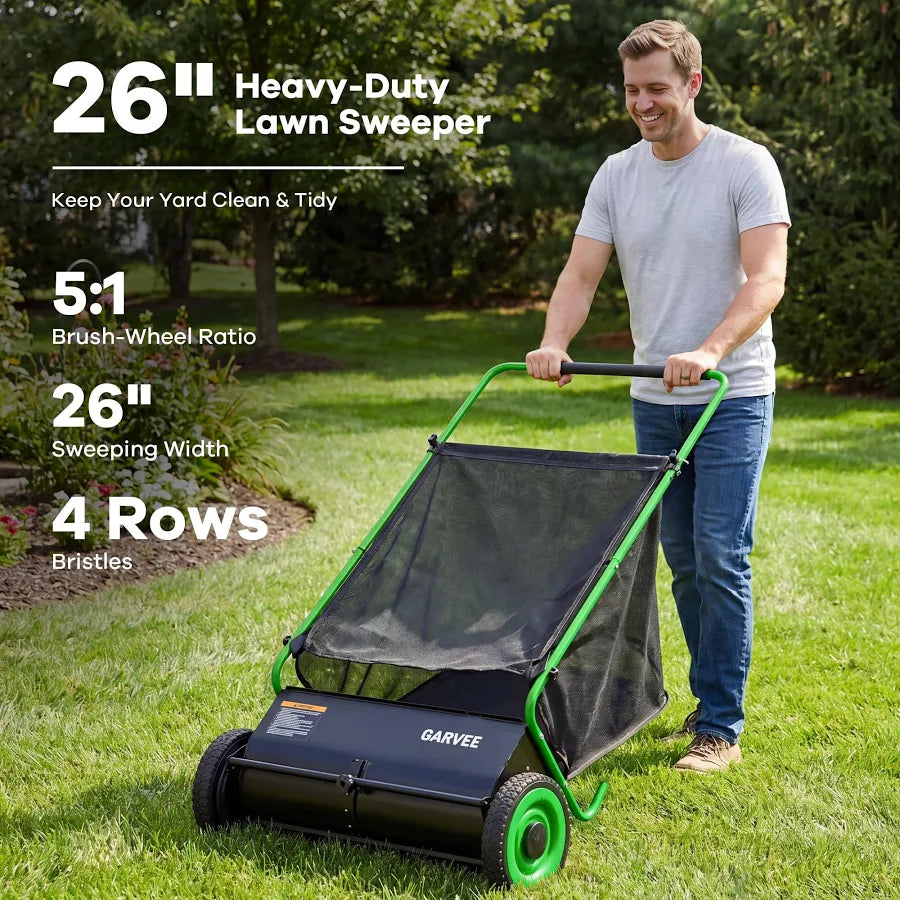26-Inch Push Lawn Sweeper 7 Cu. Ft. Leaf Collector with 4 Spinning Brushes