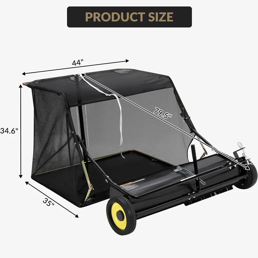 44-inch Outdoor Tow Behind Lawn Sweeper, Large Capacity Leaf & Grass Collector with Adjustable Sweeping Height and Dumping Rope Design for Picking Up