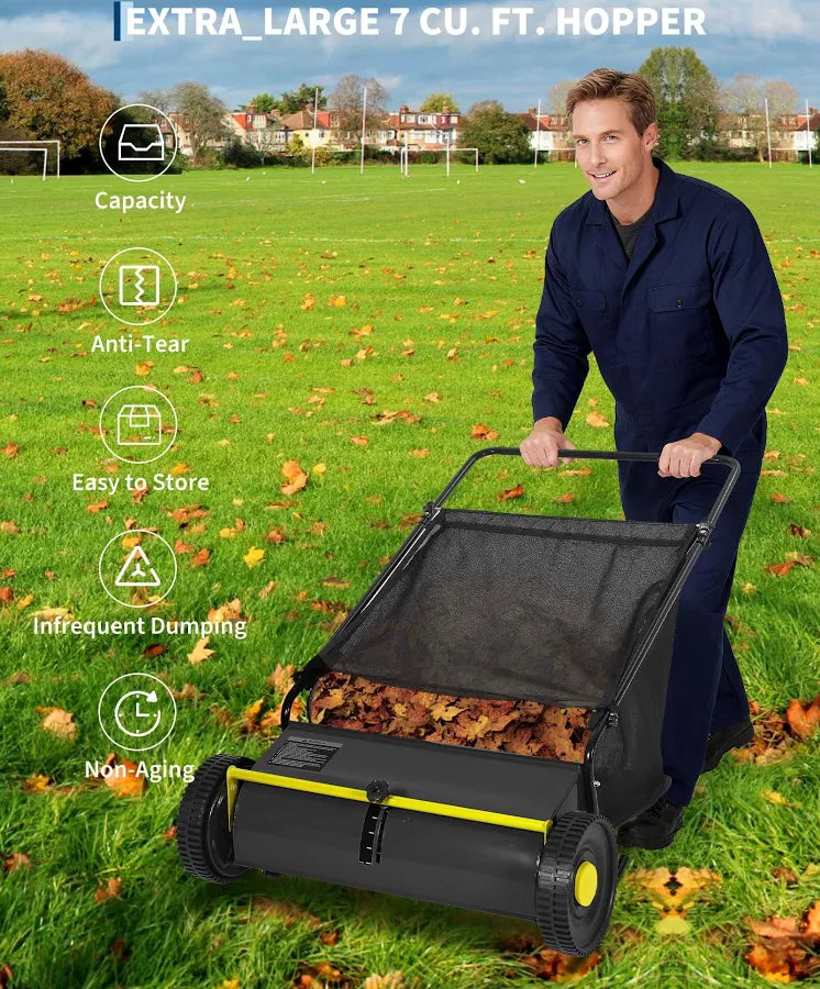 26 Inch Push Lawn Sweeper, 7 Cu.ft Large Capacity Leaf Collector with 4 Spinning Brushes, Adjustable Height Heavy Duty Steel Frame Lawn Sweeper with
