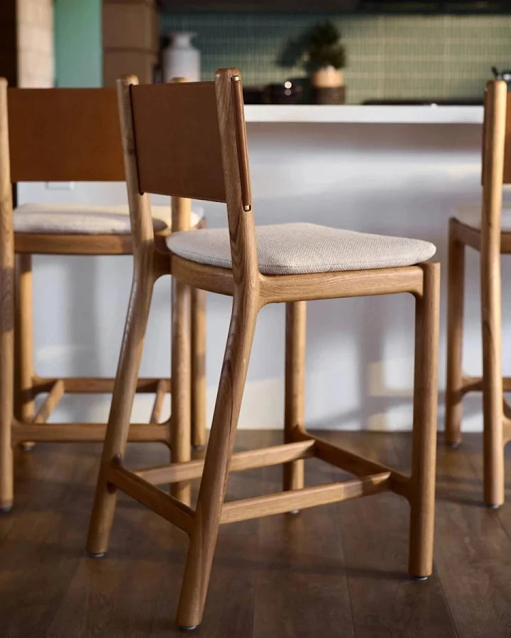 25" Avon Counter Stool Seat Leather Back Oak Frame
