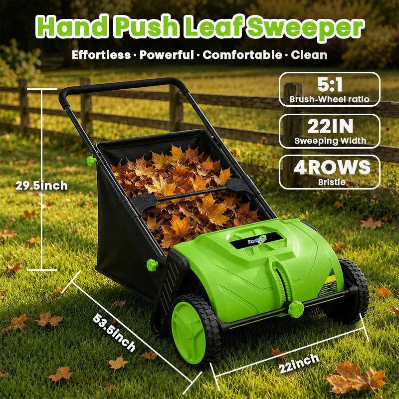 22-Inch Push Lawn Sweeper Leaf Collector Manual Grass & Leaf Cleanup Tool with Large Collection Bag
