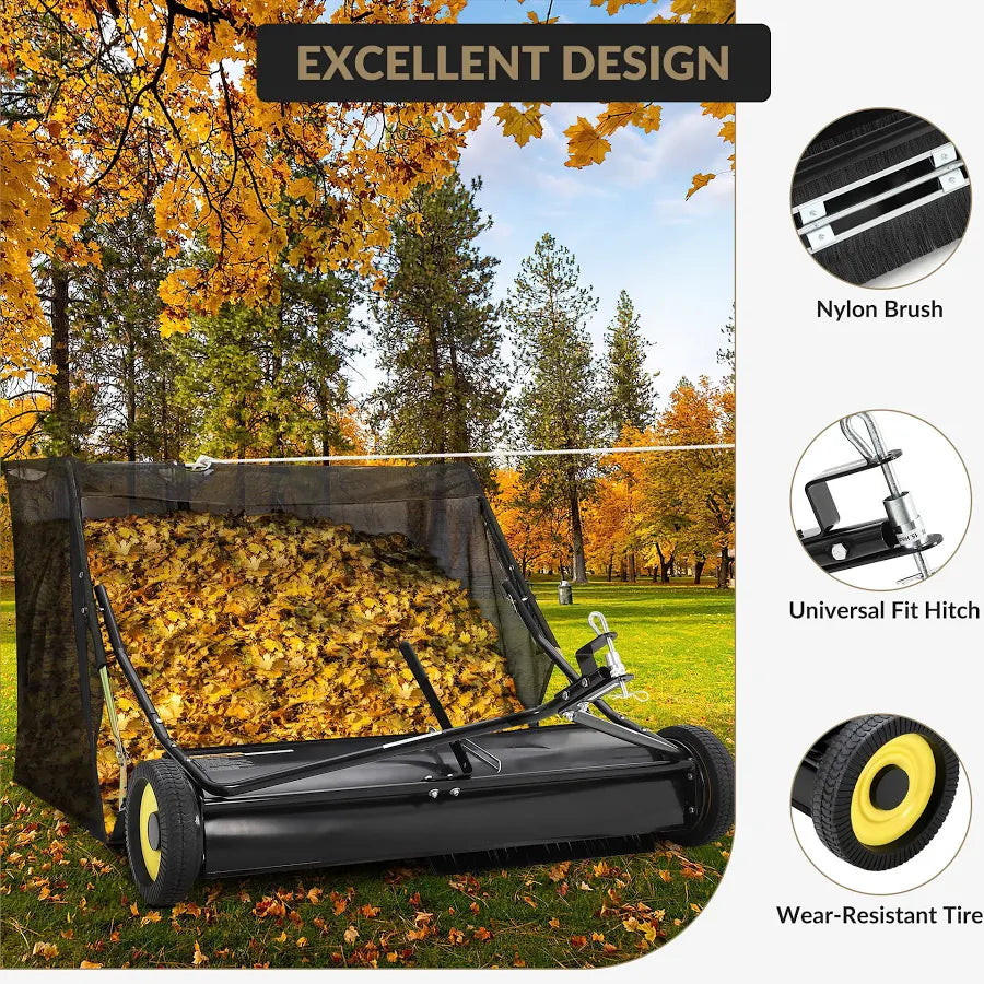 44-inch Outdoor Tow Behind Lawn Sweeper, Large Capacity Leaf & Grass Collector with Adjustable Sweeping Height and Dumping Rope Design for Picking Up