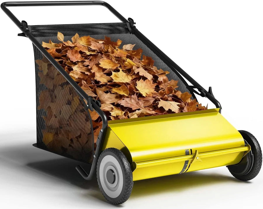 26 Inch Heavy Duty Push Lawn Sweeper 4 Spinning Brushes Steel Frame 7 Cu. Ft. Adjustable Height Collector for Grass Leaves Yard Debris, Size: Large
