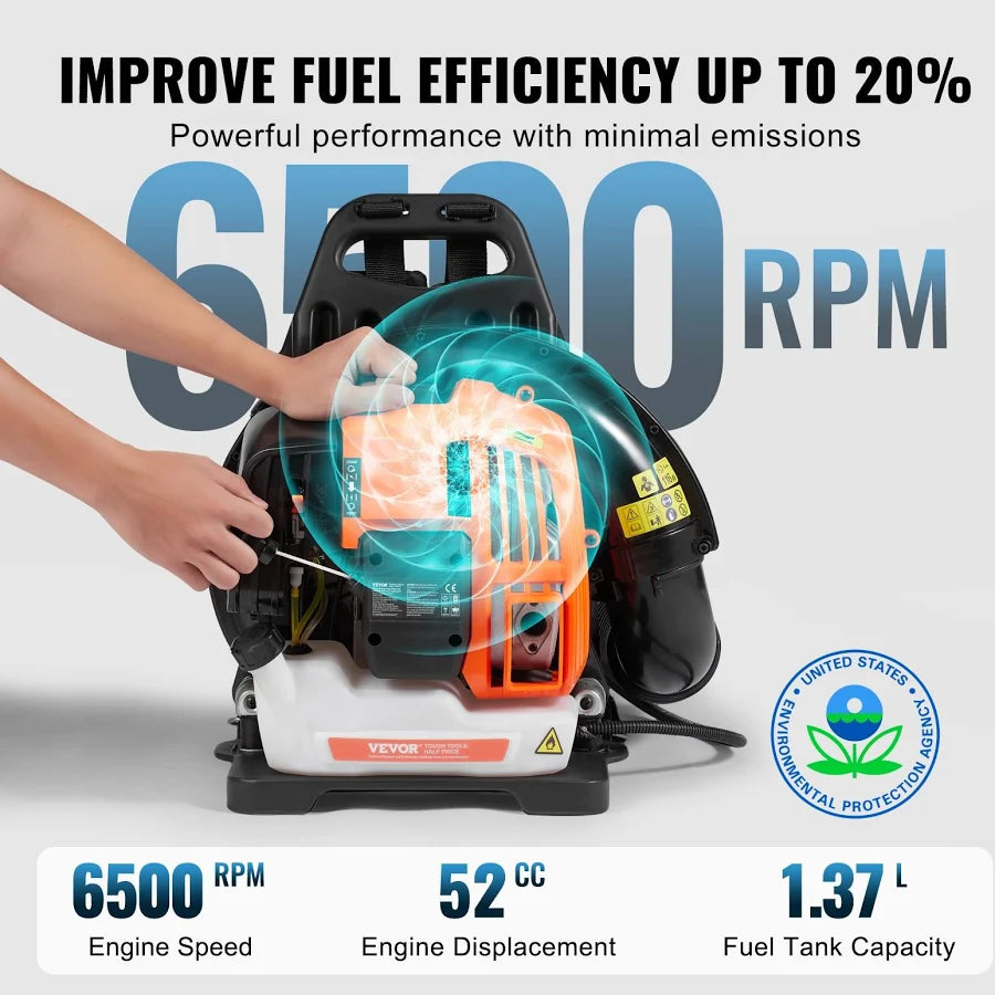 Backpack Leaf Blower 52CC 2-Cycle Gas Leaf Blower with 1.37L Fuel Tank