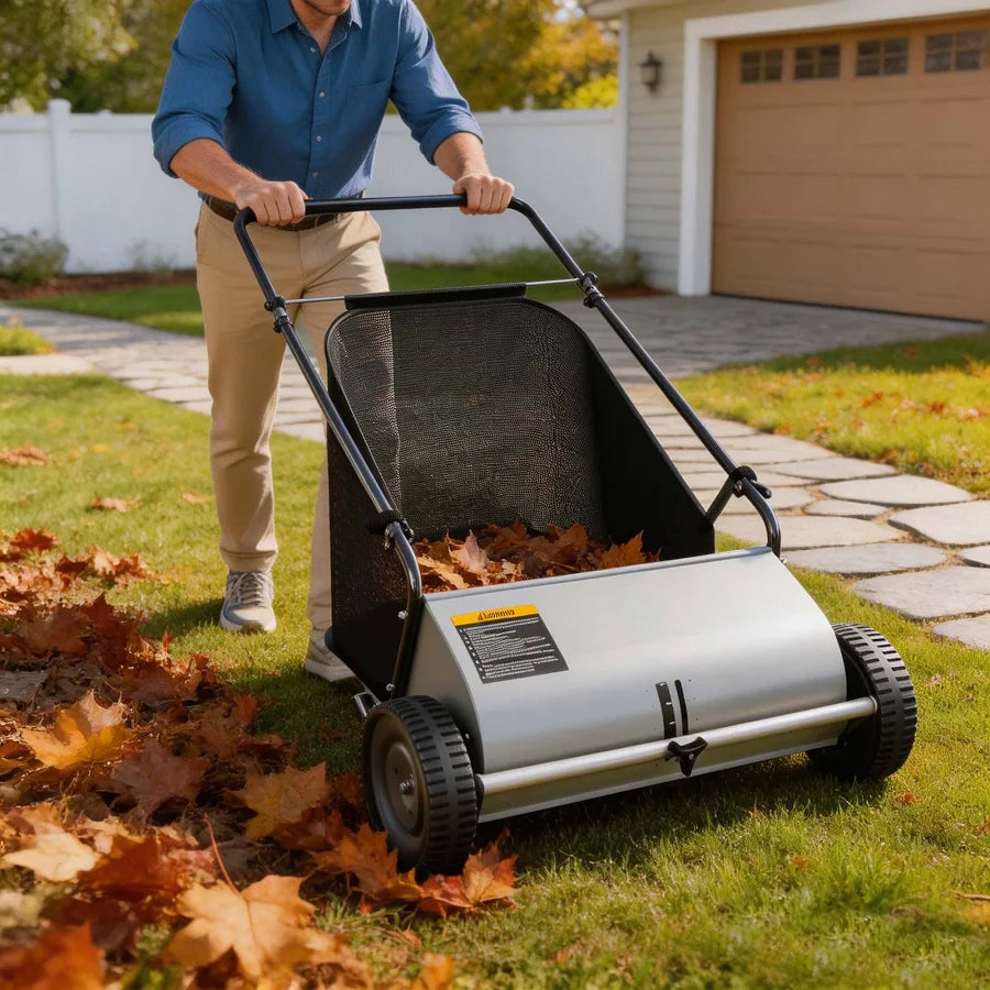 26 inch Push Lawn Sweeper with 7 Cu.Ft Hopper 4-Brush Leaf Collector Picker