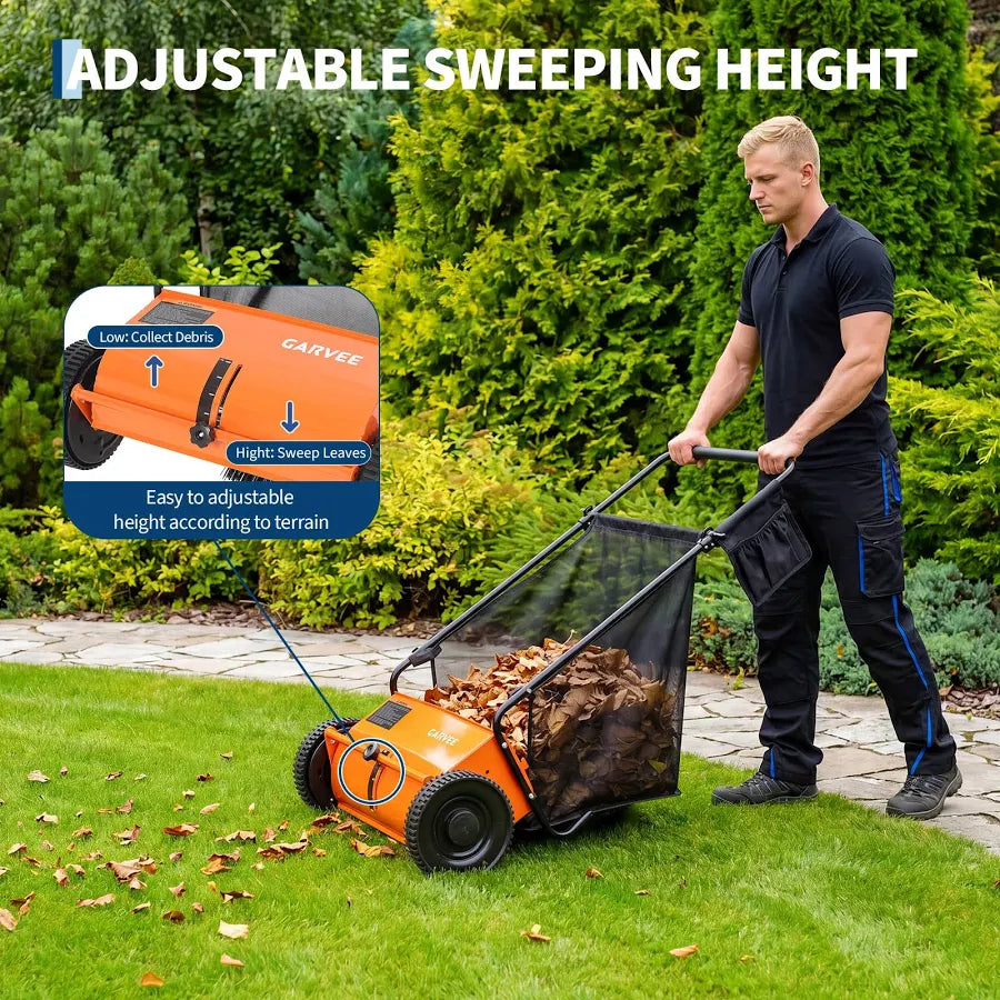 Push Lawn Sweeper with Hopper Bag and 4 Spinning Brushes