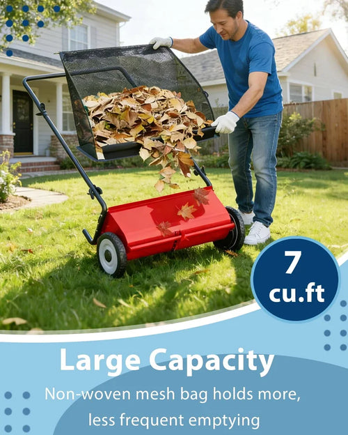 26 Inch Heavy Duty Push Lawn Sweeper 4 Spinning Brushes Steel Frame 7 Cu. Ft. Adjustable Height Collector for Grass Leaves Yard Debris, Size: Large
