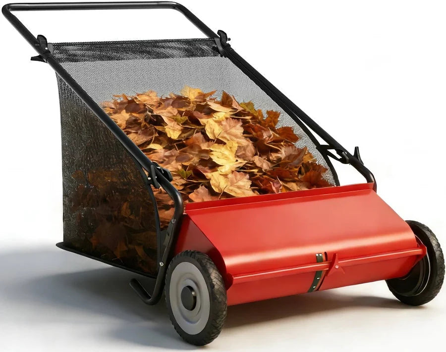 26 Inch Heavy Duty Push Lawn Sweeper 4 Spinning Brushes Steel Frame 7 Cu. Ft. Adjustable Height Collector for Grass Leaves Yard Debris, Size: Large