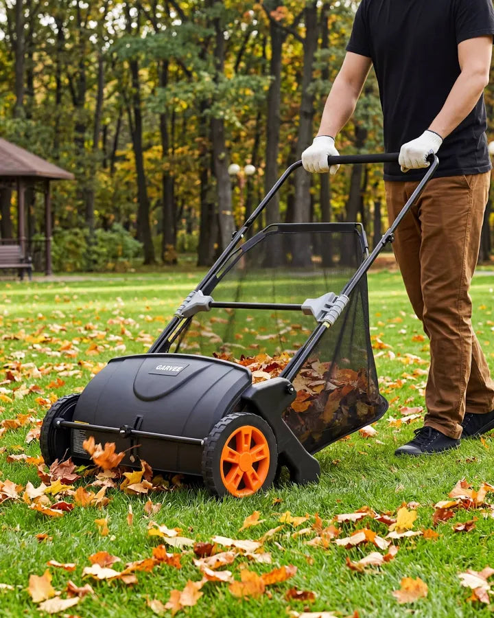 Push Lawn Sweeper, 21 inch Leaf & Grass Collector, Heavy Duty Thickened Steel Manual Leaf Sweeper with Large Capacity 3.5 cu. ft Mesh Collection