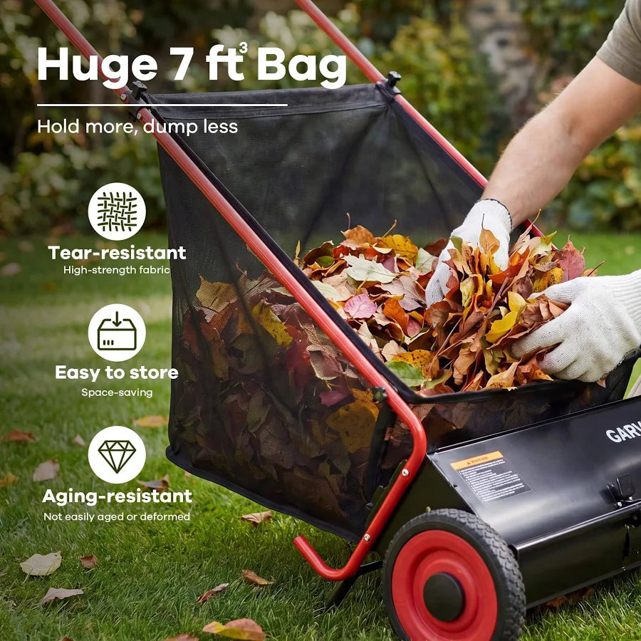 Push Lawn Sweeper, 26 in Leaf & Grass Collector with 7 cu. ft. Hopper Bag, Heavy Duty Yard Sweeper with Clear Dust Cover & Large Collection Bag for