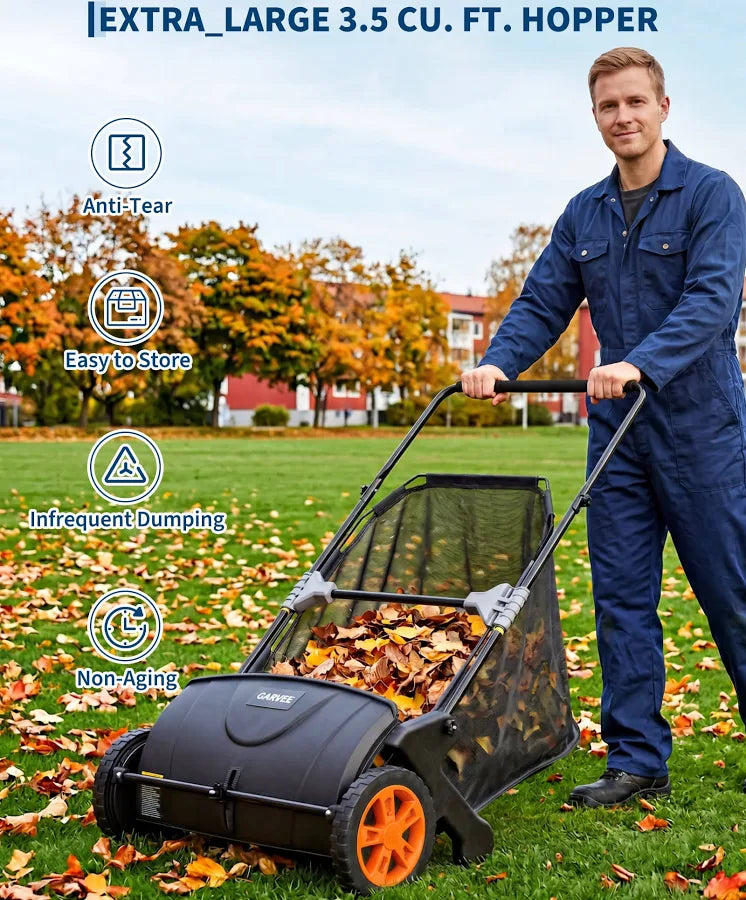 Push Lawn Sweeper, 21 inch Leaf & Grass Collector, Heavy Duty Thickened Steel Manual Leaf Sweeper with Large Capacity 3.5 cu. ft Mesh Collection
