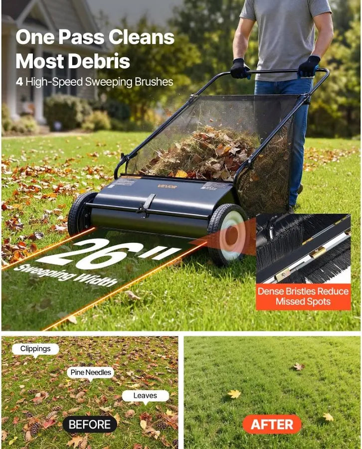 Push Lawn Sweeper 26-Inch Leaf and Grass Collector