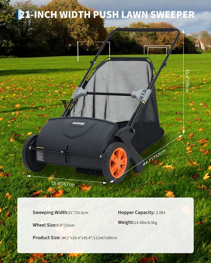 Push Lawn Sweeper, 21 inch Leaf & Grass Collector, Heavy Duty Thickened Steel Manual Leaf Sweeper with Large Capacity 3.5 cu. ft Mesh Collection
