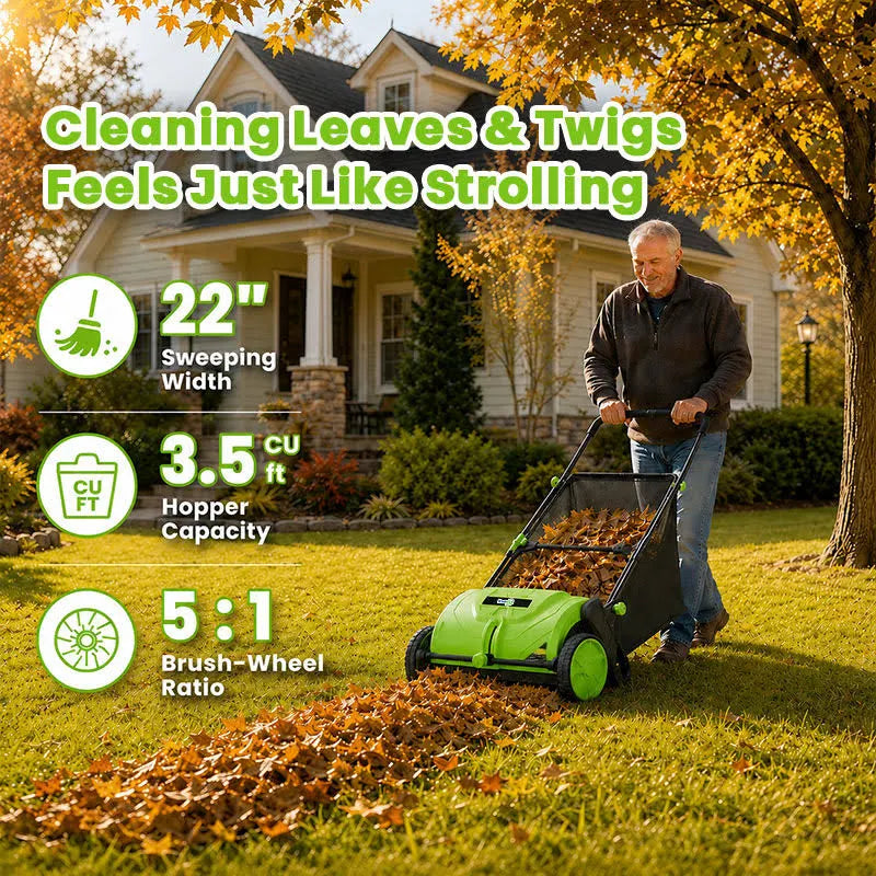 22-Inch Push Lawn Sweeper Leaf Collector Manual Grass & Leaf Cleanup Tool with Large Collection Bag