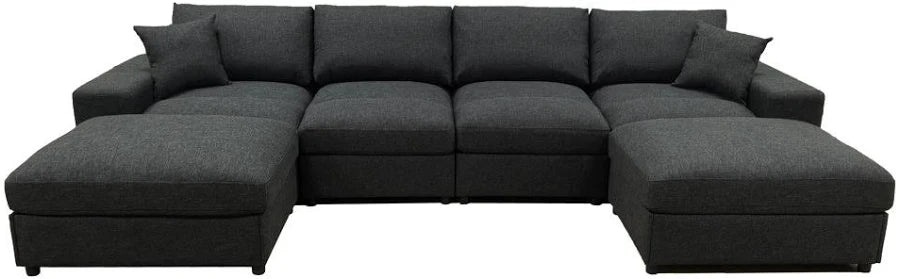 134" Cloud Sectional Couch U-Shaped Chaise With Ottoman,Modern Corduroy Deep-Seat Upholstered Modular Cloud Sofa With 2 Pillows For Living Room