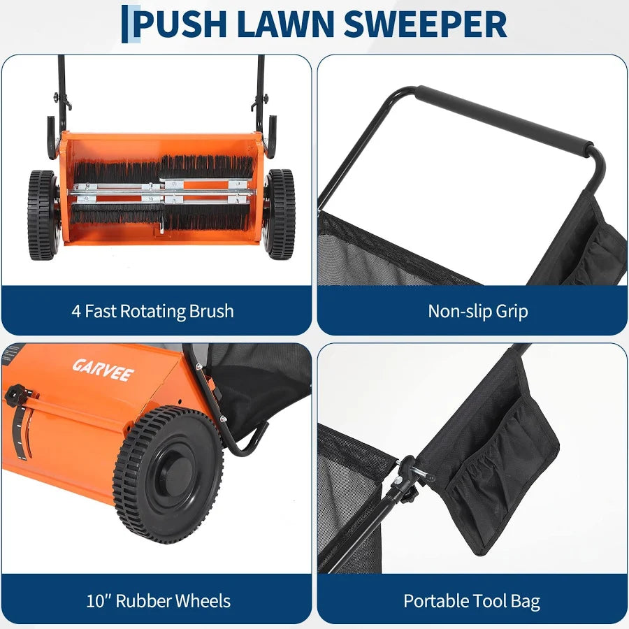 Push Lawn Sweeper with Hopper Bag and 4 Spinning Brushes