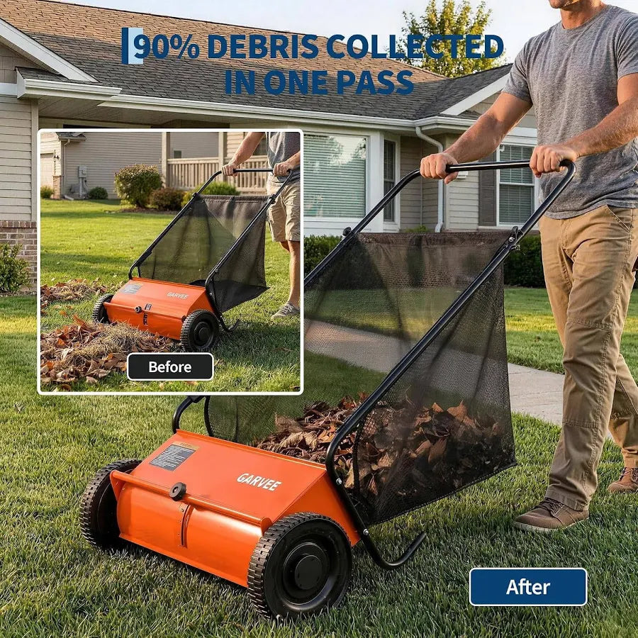 Push Lawn Sweeper 21-Inch Leaf & Grass Collector with 6 Cu. Ft. Hopper Bag, Steel Frame