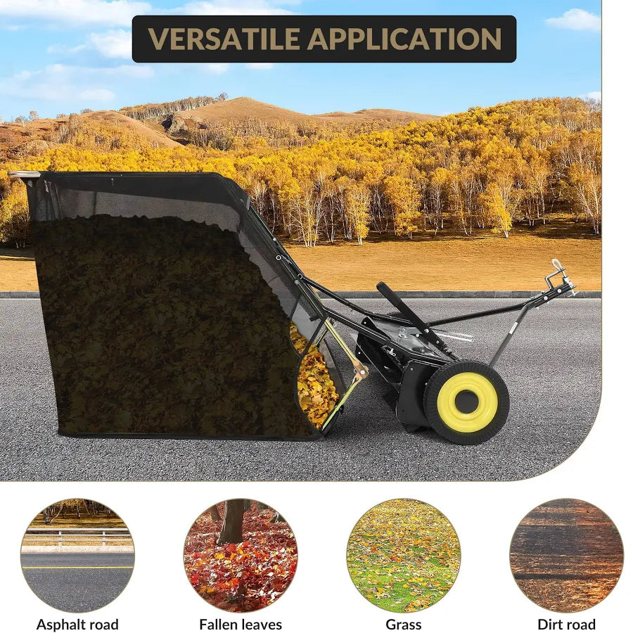44-inch Outdoor Tow Behind Lawn Sweeper, Large Capacity Leaf & Grass Collector with Adjustable Sweeping Height and Dumping Rope Design for Picking Up