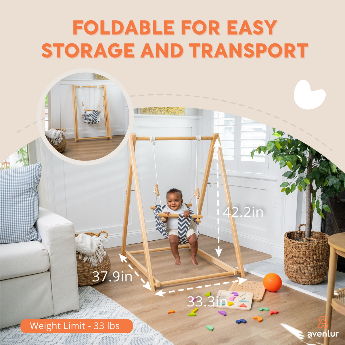 Foldable Wooden Baby Swing with Stand for Toddlers 6-36 Months, Indoor Freestanding Playset - Blue Wave